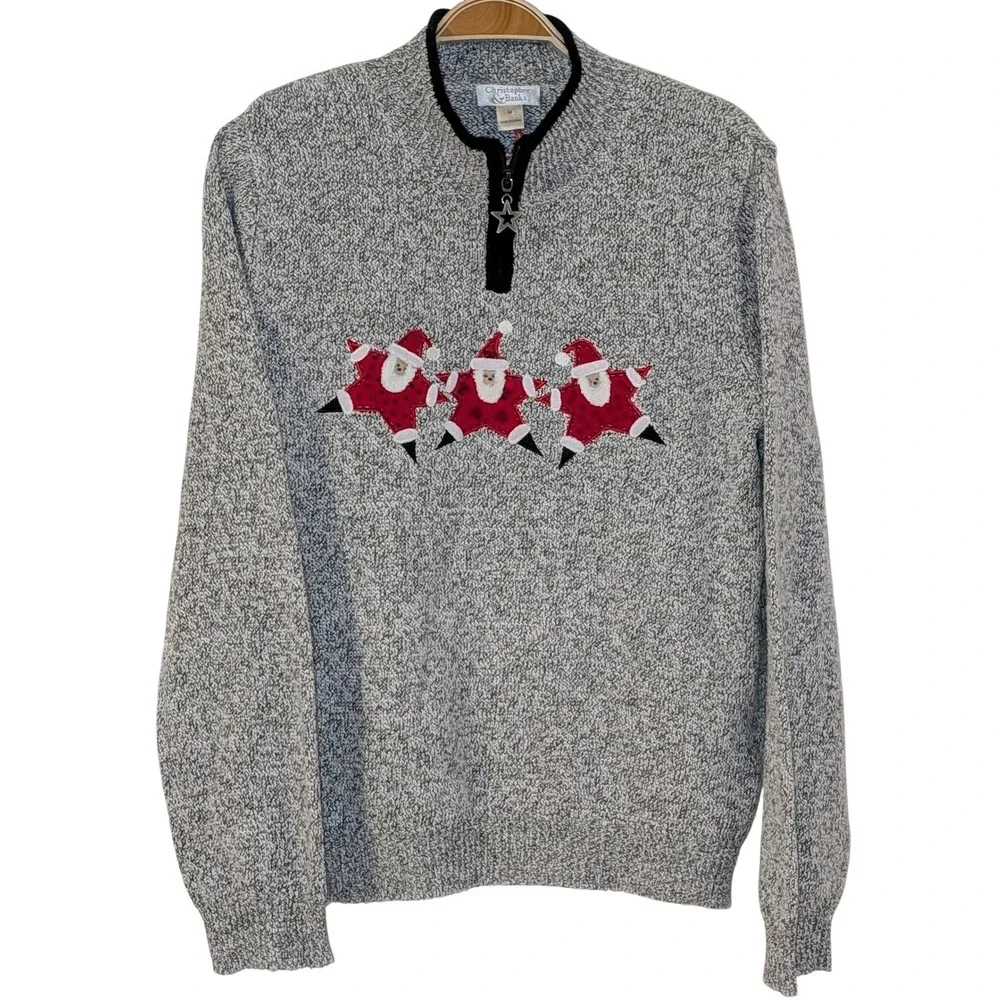 Christopher & Banks Christmas‎ Sweater Womens Medium Grey Santa Star Quarter Zip